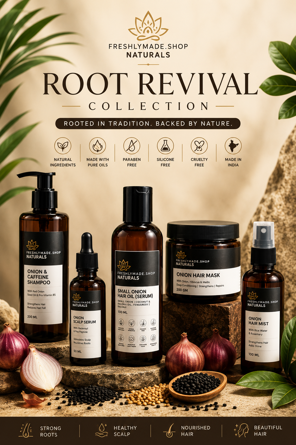 FreshlyMade Naturals Root Revival Collection featuring Small Onion Hair Oil, Onion Scalp Serum, Onion Hair Mask, Onion Hair Mist and Onion & Caffeine Shampoo for healthy-looking hair and scalp care.